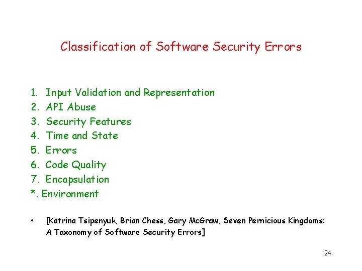 Classification of Software Security Errors 1. Input Validation and Representation 2. API Abuse 3.