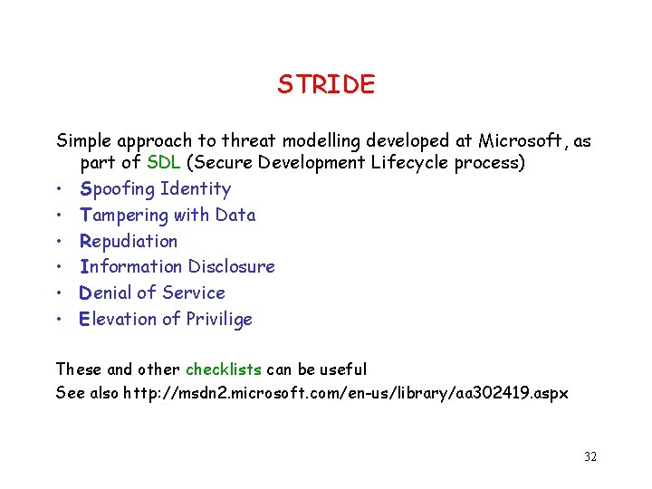 STRIDE Simple approach to threat modelling developed at Microsoft, as part of SDL (Secure