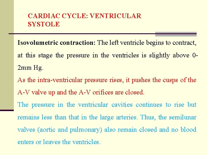 CARDIAC CYCLE: VENTRICULAR SYSTOLE Isovolumetric contraction: The left ventricle begins to contract, at this