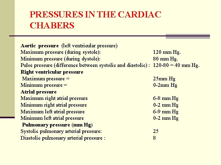 PRESSURES IN THE CARDIAC CHABERS Aortic pressure (left ventricular pressure) Maximum pressure (during systole):