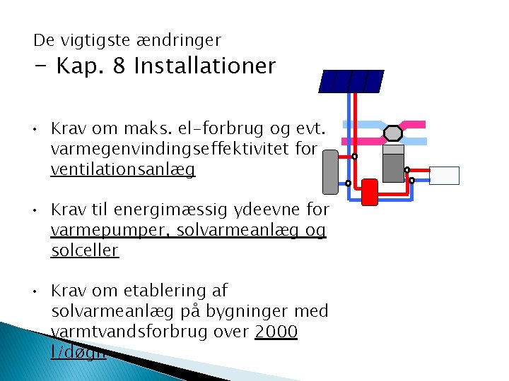 De vigtigste ændringer - Kap. 8 Installationer • Krav om maks. el-forbrug og evt.