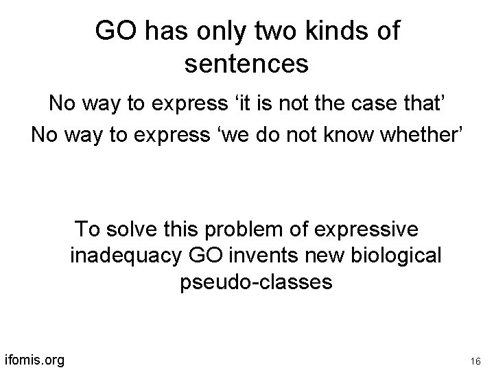 GO has only two kinds of sentences No way to express ‘it is not