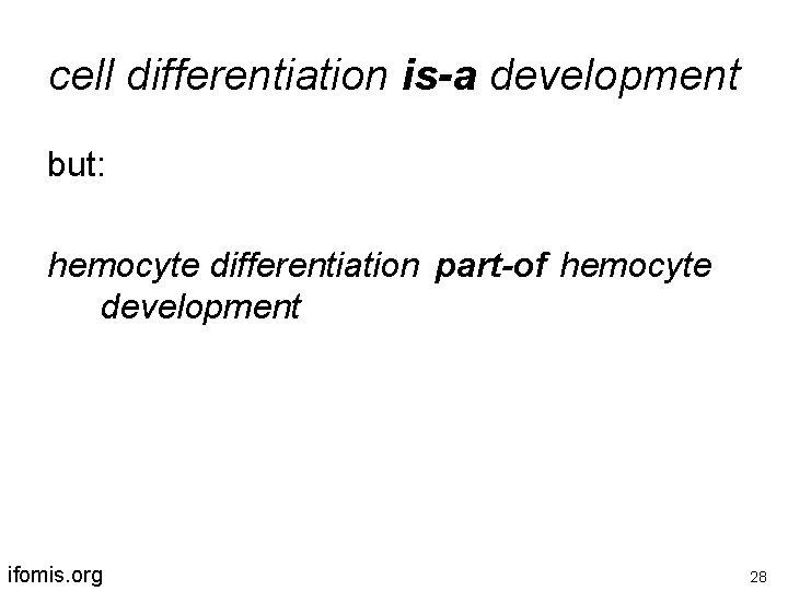 cell differentiation is-a development but: hemocyte differentiation part-of hemocyte development ifomis. org 28 
