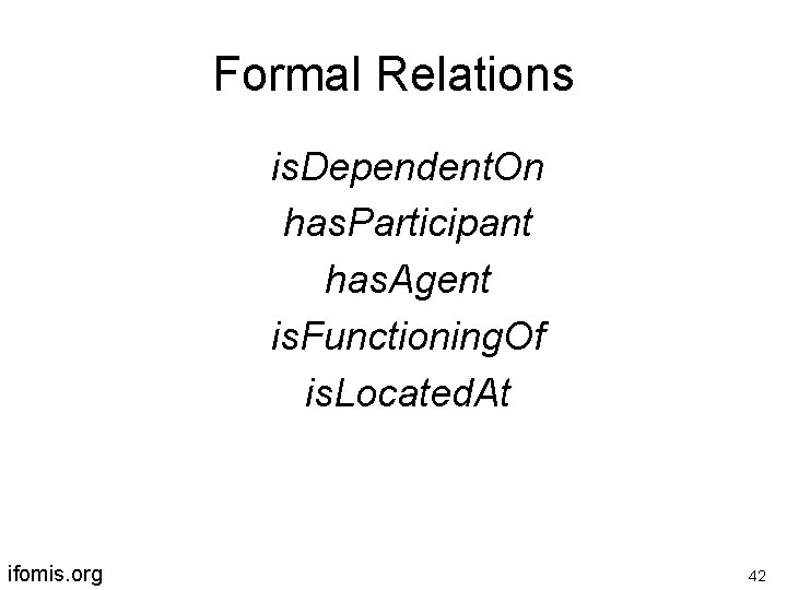 Formal Relations is. Dependent. On has. Participant has. Agent is. Functioning. Of is. Located.