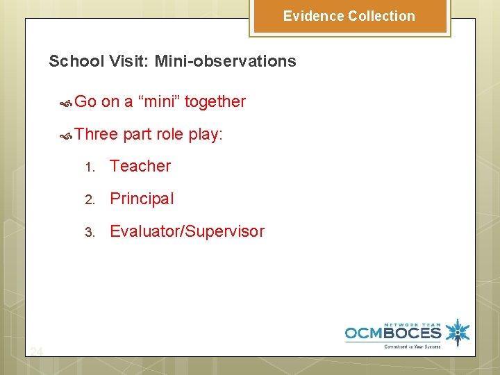 Evidence Collection School Visit: Mini-observations Go on a “mini” together Three part role play:
