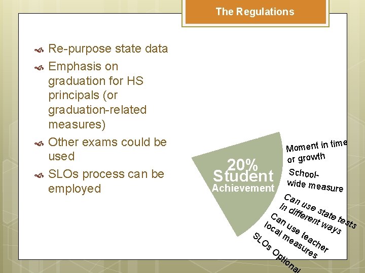 The Regulations Re-purpose state data Emphasis on graduation for HS principals (or graduation-related measures)