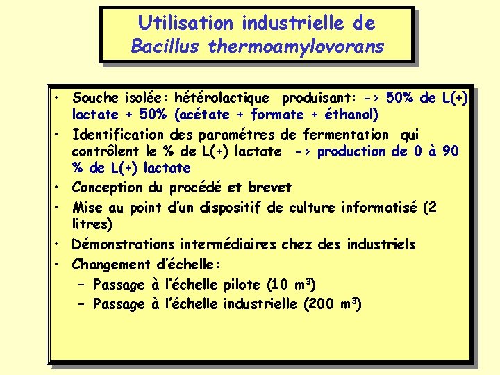 Utilisation industrielle de Bacillus thermoamylovorans • Souche isolée: hétérolactique produisant: -> 50% de L(+)