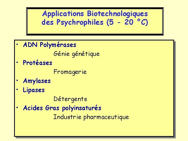 Applications Biotechnologiques des Psychrophiles (5 - 20 °C) • ADN Polymérases Génie génétique •