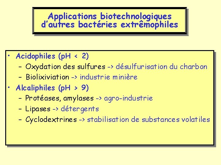 Applications biotechnologiques d’autres bactéries extrêmophiles • Acidophiles (p. H < 2) – Oxydation des