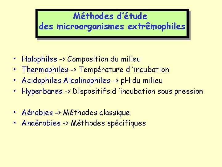 Méthodes d’étude des microorganismes extrêmophiles • • Halophiles -> Composition du milieu Thermophiles ->