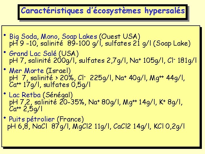 Caractéristiques d’écosystèmes hypersalés • Big Soda, Mono, Soap Lakes (Ouest USA) p. H 9