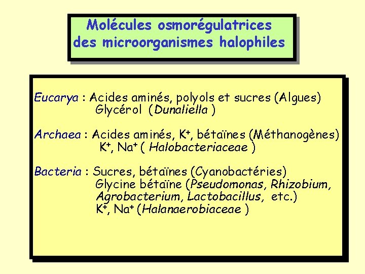 Molécules osmorégulatrices des microorganismes halophiles Eucarya : Acides aminés, polyols et sucres (Algues) Glycérol