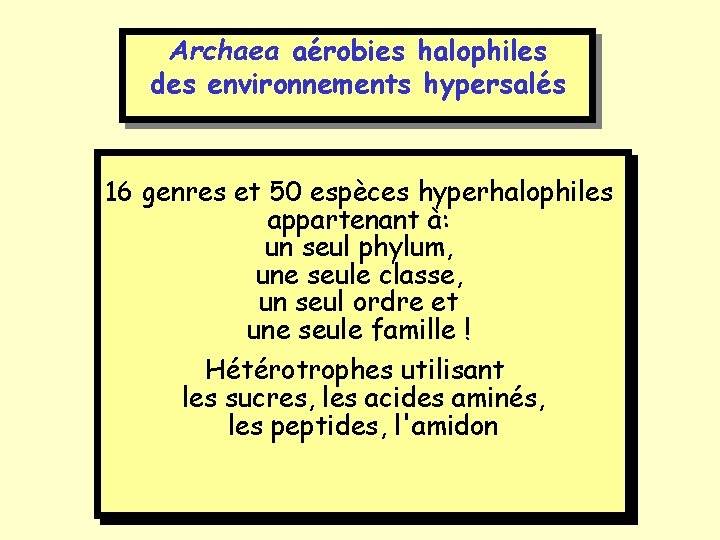 Archaea aérobies halophiles des environnements hypersalés 16 genres et 50 espèces hyperhalophiles appartenant à: