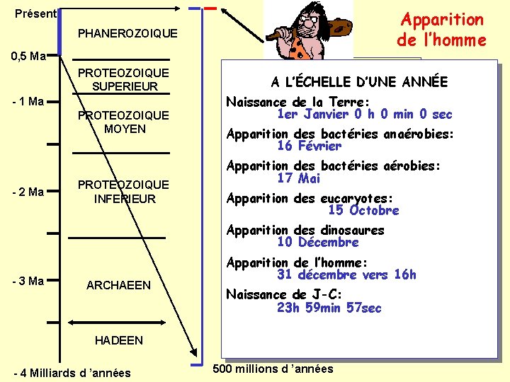 Apparition de l’homme Présent PHANEROZOIQUE 0, 5 Ma PROTEOZOIQUE SUPERIEUR - 1 Ma PROTEOZOIQUE