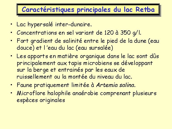 Caractéristiques principales du lac Retba • Lac hypersalé inter-dunaire. • Concentrations en sel variant