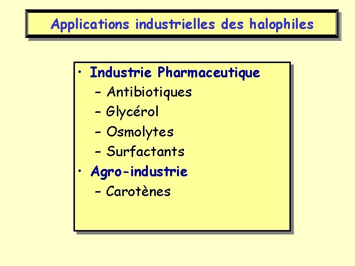 Applications industrielles des halophiles • Industrie Pharmaceutique – Antibiotiques – Glycérol – Osmolytes –