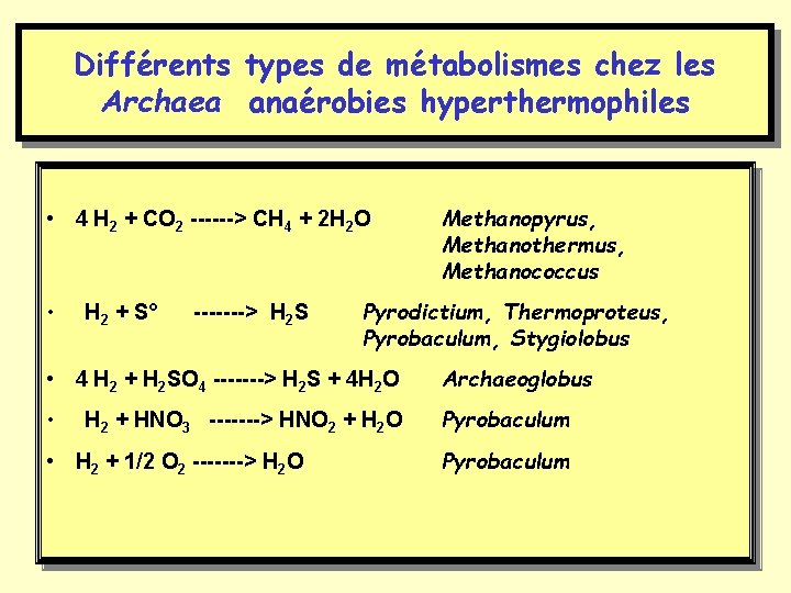 Différents types de métabolismes chez les Archaea anaérobies hyperthermophiles • 4 H 2 +