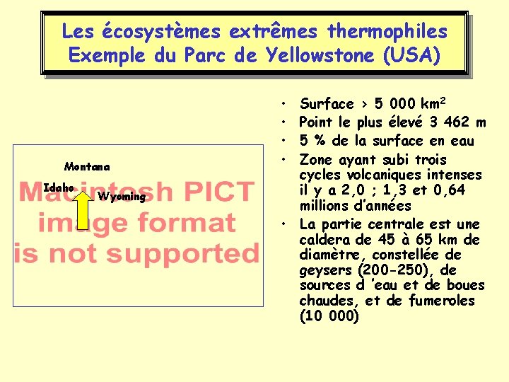 Les écosystèmes extrêmes thermophiles Exemple du Parc de Yellowstone (USA) Montana Idaho Wyoming •