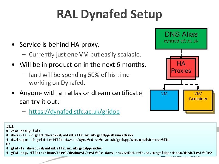 RAL Dynafed Setup DNS Alias • Service is behind HA proxy. dynafed. stfc. ac.