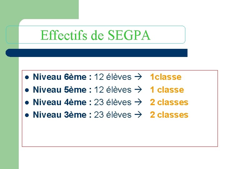 Effectifs de SEGPA l l Niveau 6ème : 12 élèves 1 classe Niveau 5ème