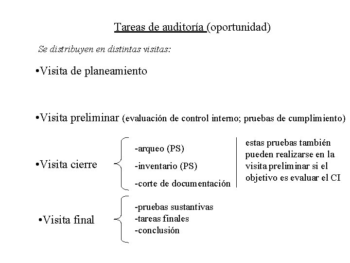 Tareas de auditoría (oportunidad) Se distribuyen en distintas visitas: • Visita de planeamiento •