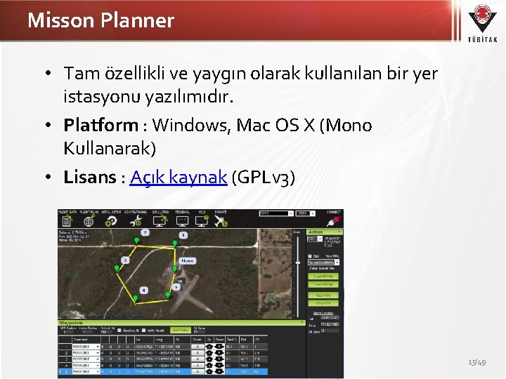 Misson Planner • Tam özellikli ve yaygın olarak kullanılan bir yer istasyonu yazılımıdır. •