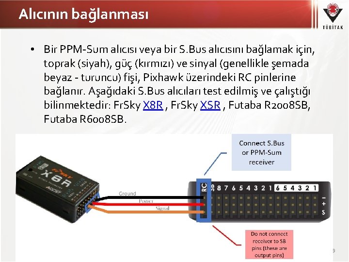 Alıcının bağlanması • Bir PPM-Sum alıcısı veya bir S. Bus alıcısını bağlamak için, toprak