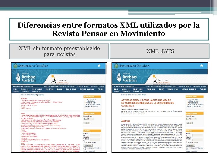 Diferencias entre formatos XML utilizados por la Revista Pensar en Movimiento XML sin formato