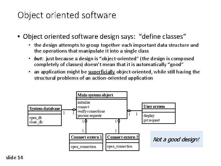 Object oriented software • Object oriented software design says: “define classes” • the design