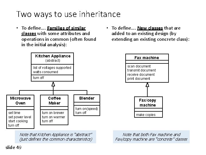 Two ways to use inheritance • To define…. Families of similar classes with some