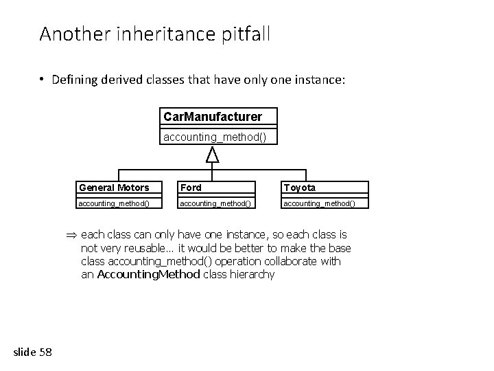 Another inheritance pitfall • Defining derived classes that have only one instance: Car. Manufacturer
