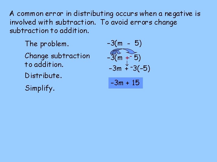 A common error in distributing occurs when a negative is involved with subtraction. To A common error in distributing occurs when a negative is involved with subtraction. To