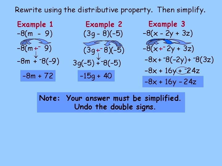 Rewrite using the distributive property. Then simplify. Example 1 – 8(m - 9) –