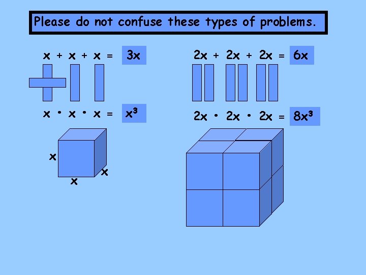 Please do not confuse these types of problems. x + x = 3 x