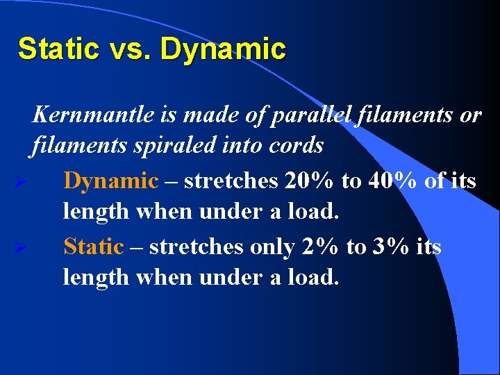 Static vs. Dynamic Kernmantle is made of parallel filaments or filaments spiraled into cords