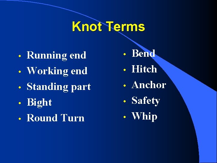 Knot Terms • • • Running end Working end Standing part Bight Round Turn