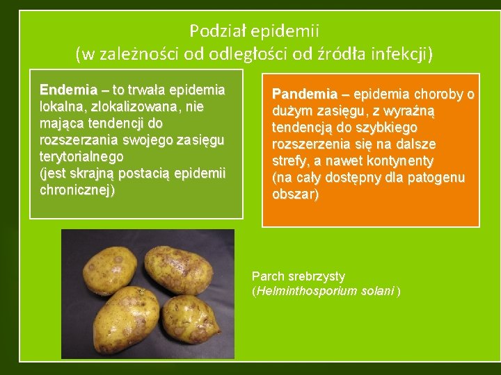 Podział epidemii (w zależności od odległości od źródła infekcji) Endemia – to trwała epidemia