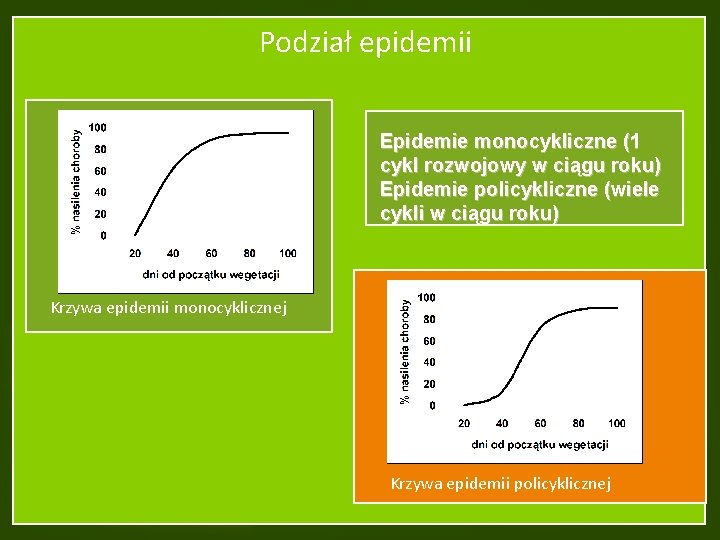 Podział epidemii Epidemie monocykliczne (1 cykl rozwojowy w ciągu roku) Epidemie policykliczne (wiele cykli