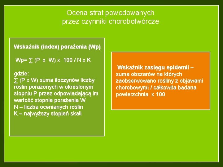 Ocena strat powodowanych przez czynniki chorobotwórcze Wskaźnik (index) porażenia (Wp) Wp= ∑ (P x