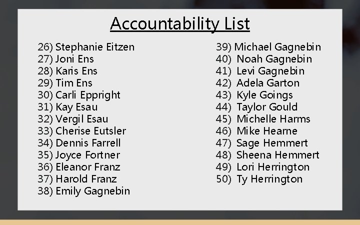 Accountability List 26) Stephanie Eitzen 27) Joni Ens 28) Karis Ens 29) Tim Ens