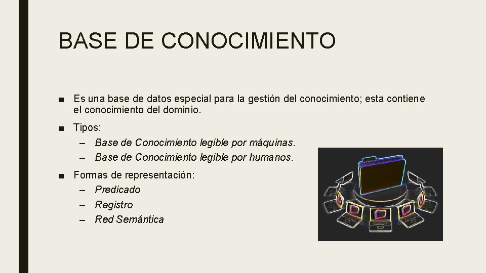 BASE DE CONOCIMIENTO ■ Es una base de datos especial para la gestión del