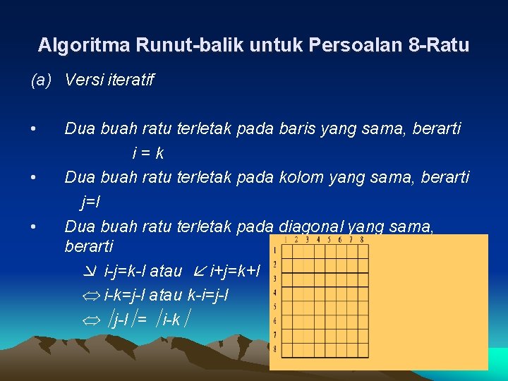 Algoritma Runut-balik untuk Persoalan 8 -Ratu (a) Versi iteratif • • • Dua buah