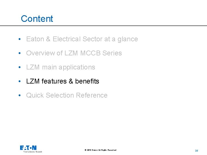 Content • Eaton & Electrical Sector at a glance • Overview of LZM MCCB