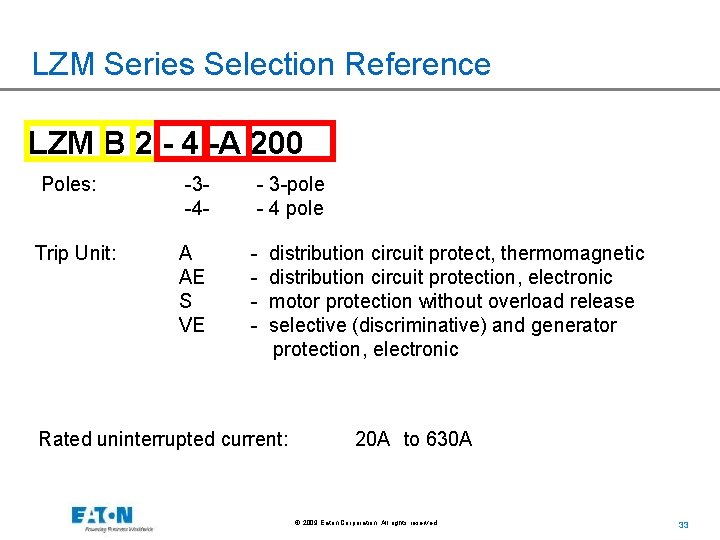 LZM Series Selection Reference LZM B 2 - 4 -A 200 Poles: Trip Unit: