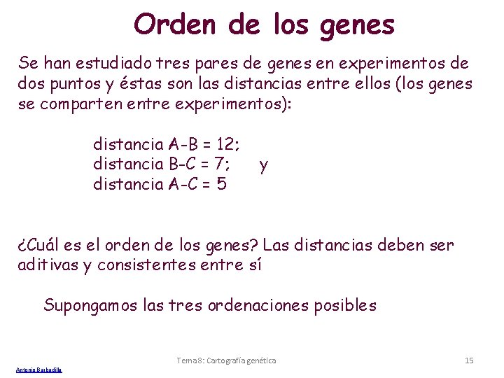 Orden de los genes Se han estudiado tres pares de genes en experimentos de