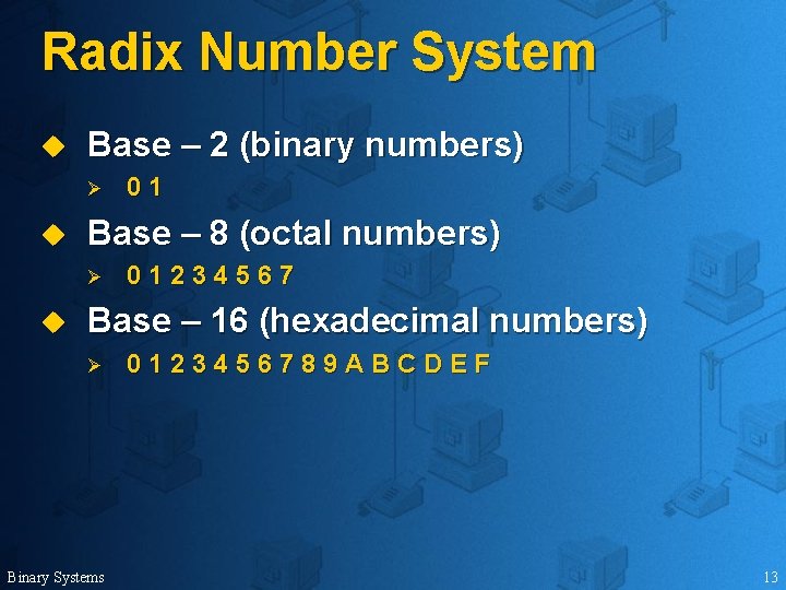 Radix Number System u Base – 2 (binary numbers) Ø u Base – 8