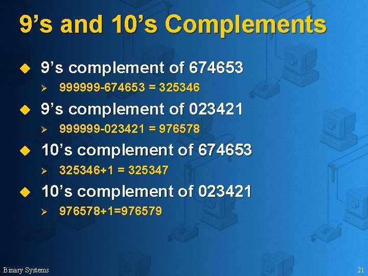 9’s and 10’s Complements u 9’s complement of 674653 Ø u 9’s complement of