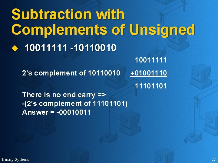 Subtraction with Complements of Unsigned u 10011111 -10110010 10011111 2’s complement of 10110010 +010011101101