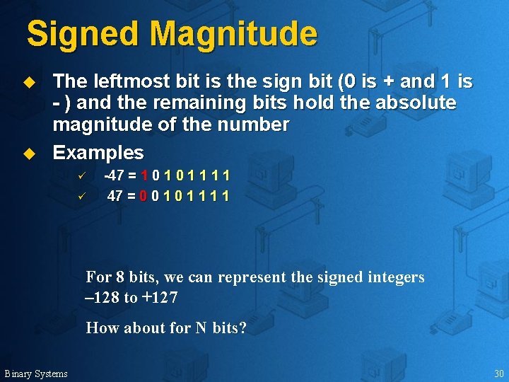 Signed Magnitude u u The leftmost bit is the sign bit (0 is +
