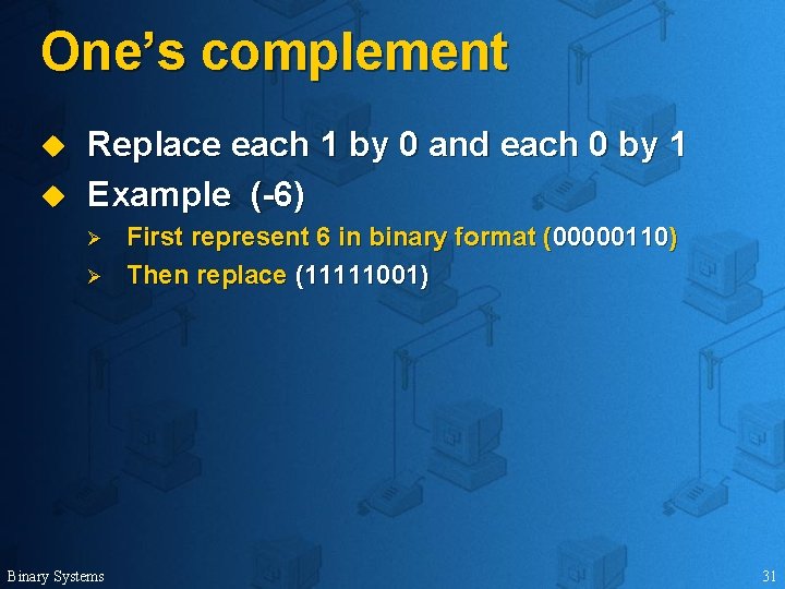 One’s complement u u Replace each 1 by 0 and each 0 by 1